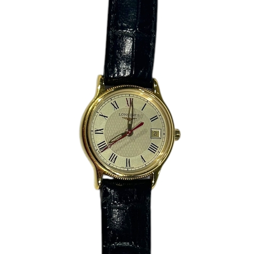 167A - A 20TH CENTURY LONGINES GOLD TONED LADIES WRISTWATCH
Having Roman numerals in black with calendar. 
... 