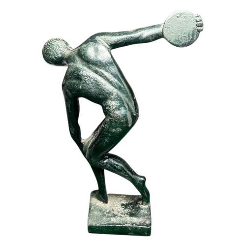 124A - AFTER THE ANTIQUE, A BRONZE FIGURE OF DISCOBOLUS OF MYRON. 
(h 18cm x w 13.5cm x d 6cm)