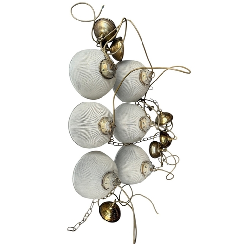 131A - A SET OF SIX 20TH CENTURY RIBBED GLASS AND BRASS CEILING LIGHTS AND FITTINGS.
(diameter 21.5cm)