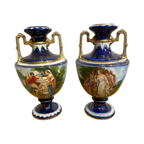 147A - A.G. HARLEY JONES, AN EDWARDIAN PAIR OF HAND PAINTED STONEWARE TWIN HANDLED VASES/URNS
On columned s... 