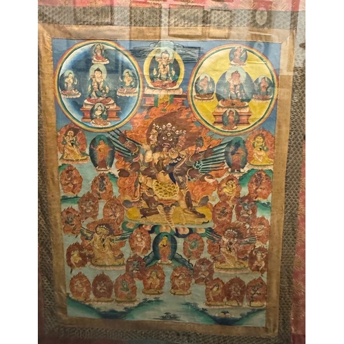 218 - A LARGE 19TH CENTURY TIBETAN PART SILK AND WATERCOLOUR HEIGHTENED WITH WITH GILT, THANGKA PAINTING O... 