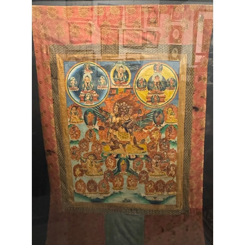 218 - A LARGE 19TH CENTURY TIBETAN PART SILK AND WATERCOLOUR HEIGHTENED WITH WITH GILT, THANGKA PAINTING O... 