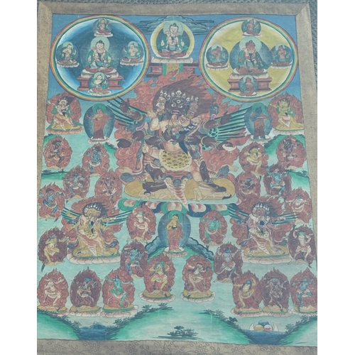 218 - A LARGE 19TH CENTURY TIBETAN PART SILK AND WATERCOLOUR HEIGHTENED WITH WITH GILT, THANGKA PAINTING O... 