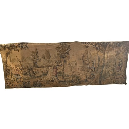 18A - A LARGE DECORATIVE WALL HANGING TAPESTRY
Medieval river landscape, figures hunting and buildings in ... 