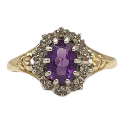 163A - A VINTAGE 9CT GOLD, AMETHYST AND DIAMOND CLUSTER RING
Having central oval cut amethyst (approx. 7.5m... 