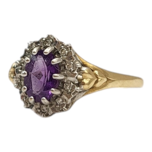 163A - A VINTAGE 9CT GOLD, AMETHYST AND DIAMOND CLUSTER RING
Having central oval cut amethyst (approx. 7.5m... 