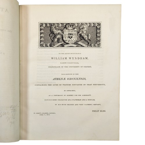 1 - Wood, Anthony.
Athenae Oxonienses. An exact History of all the Writers and Bishops who have had all ... 