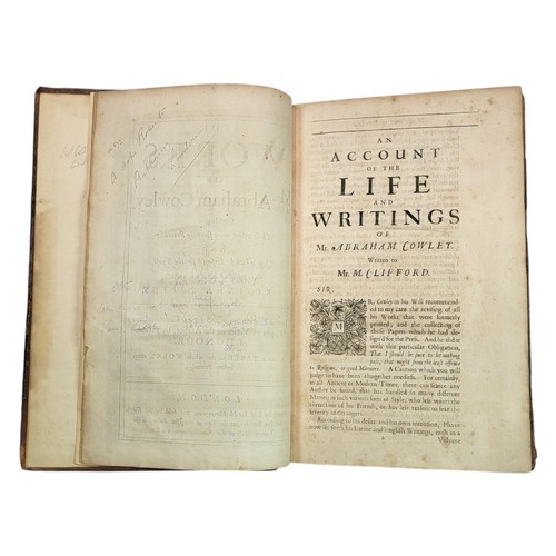 103 - Cowley, Abraham
The Works of Mr Abraham Cowley
London: J. M. for Henry Herringman 1688
pp: [xviii], ... 