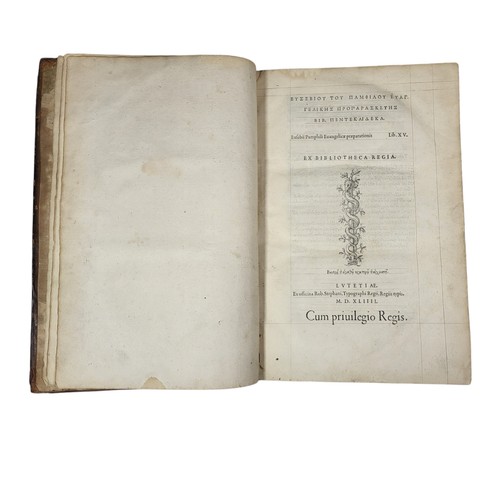 113 - Eusebio. 
Eusebii Pamphili Evangelicae praeparationis lib. XV. 
Lutetiae: Robert Estienne, 1544.
Eus... 