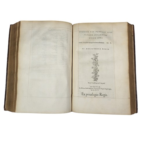 113 - Eusebio. 
Eusebii Pamphili Evangelicae praeparationis lib. XV. 
Lutetiae: Robert Estienne, 1544.
Eus... 