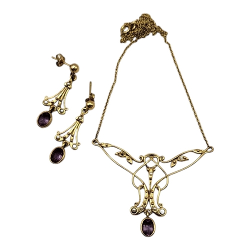 12 - A 20TH CENTURY ART NOUVEAU STYLE 9CT GOLD, AMETHYST, PEARL NECKLACE AND EARRING SUITE
Necklace havin... 