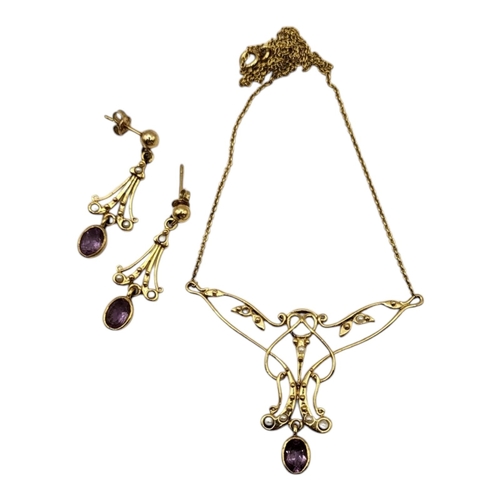 12 - A 20TH CENTURY ART NOUVEAU STYLE 9CT GOLD, AMETHYST, PEARL NECKLACE AND EARRING SUITE
Necklace havin... 