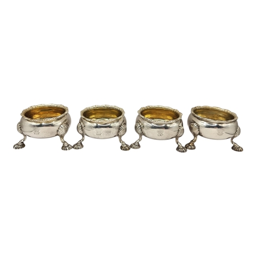 13 - DAVID HENNELL I, A SET OF FOUR 18TH CENTURY GEORGE II SILVER SALT CELLARS, HALLMARKED LONDON, 1752
C... 