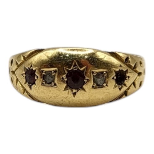 30 - A LATE VICTORIAN 18CT GOLD, DIAMOND AND GARNET GYPSY SET RING, HALLMARKED CHESTER, 1899
Having round... 