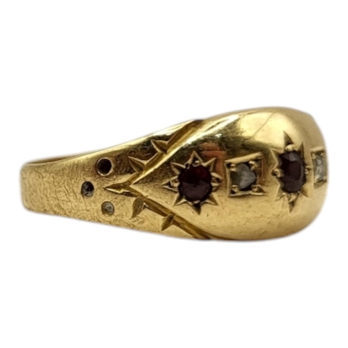 30 - A LATE VICTORIAN 18CT GOLD, DIAMOND AND GARNET GYPSY SET RING, HALLMARKED CHESTER, 1899
Having round... 