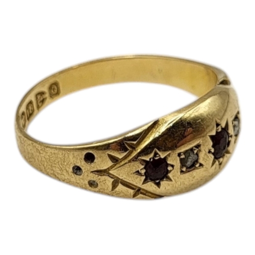 30 - A LATE VICTORIAN 18CT GOLD, DIAMOND AND GARNET GYPSY SET RING, HALLMARKED CHESTER, 1899
Having round... 