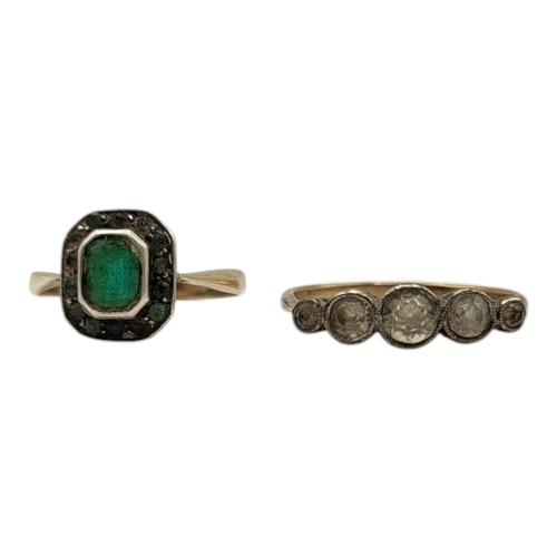 32 - A 9CT GOLD FIVE STONE WHITE SAPPHIRE RING, TOGETHER WITH 9CT GOLD AND GREEN GLASS RING, CIRCA 1940'S... 