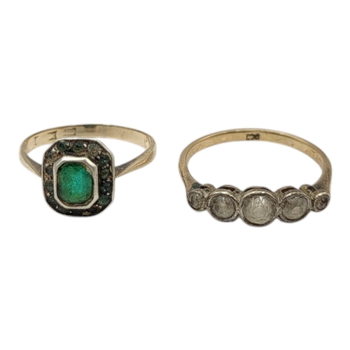 32 - A 9CT GOLD FIVE STONE WHITE SAPPHIRE RING, TOGETHER WITH 9CT GOLD AND GREEN GLASS RING, CIRCA 1940’S... 