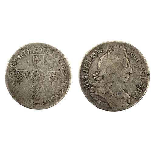 256 - A 17TH CENTURY BRITISH WILLIAM III SILVER 1 CROWN COIN, DATED 1696
3rd bust, 1st harp. 
(approx diam... 