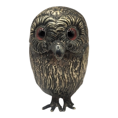 33 - AFTER GEORGE JOHN RICHARDS, A LARGE 19TH CENTURY VICTORIAN WHITE METAL NOVELTY OWL MUSTARD POT
Havin... 