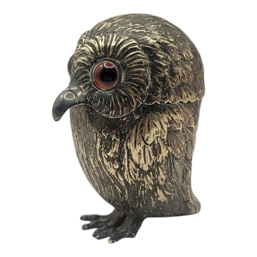 33 - AFTER GEORGE JOHN RICHARDS, A LARGE 19TH CENTURY VICTORIAN WHITE METAL NOVELTY OWL MUSTARD POT
Havin... 