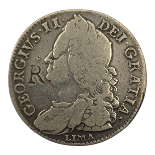 258 - AN 18TH CENTURY GEORGE III SILVER HALF CROWN COIN, DATED 1746
Lima variant. 
(approx diameter 33mm)