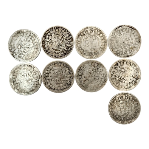 272 - NINE 19TH CENTURY VICTORIAN SILVER HALF CROWNS, RANGING FROM 1890 - 1892
2nd portrait, crowned and v... 