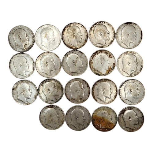 276 - NINETEEN 20TH CENTURY EDWARD VII SILVER HALF CROWNS, RANGING FROM 1907 - 1910. Uncrowned bust facing... 