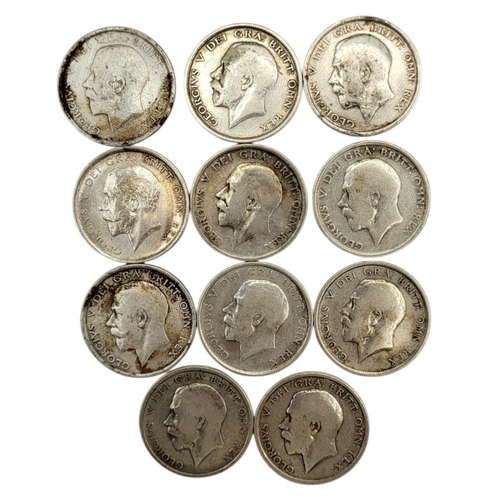 279 - ELEVEN 20TH CENTURY GEORGE V SILVER HALF CROWNS, RANGING FROM 1916 - 1919
1st type uncrowned bust fa... 