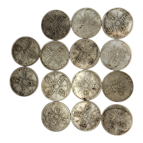 289 - FOURTEEN 20TH CENTURY GEORGE V SILVER ONE FLORINS, RANGING FROM 1913 - 1918
1st issue, uncrowned hea... 