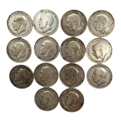 289 - FOURTEEN 20TH CENTURY GEORGE V SILVER ONE FLORINS, RANGING FROM 1913 - 1918
1st issue, uncrowned hea... 