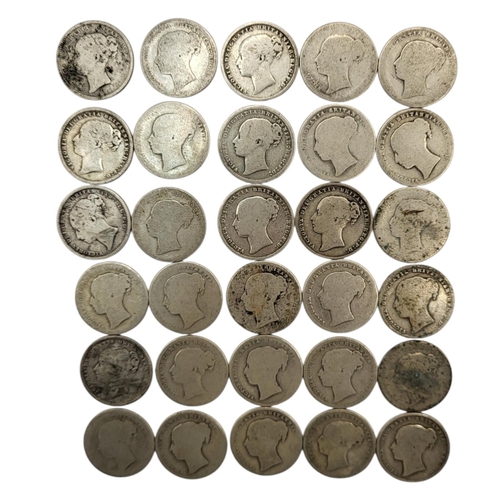 292 - THIRTY 19TH CENTURY VICTORIAN SILVER ONE SHILLINGS, RANGING FROM 1839 - 1886
Young head, 1st portrai... 