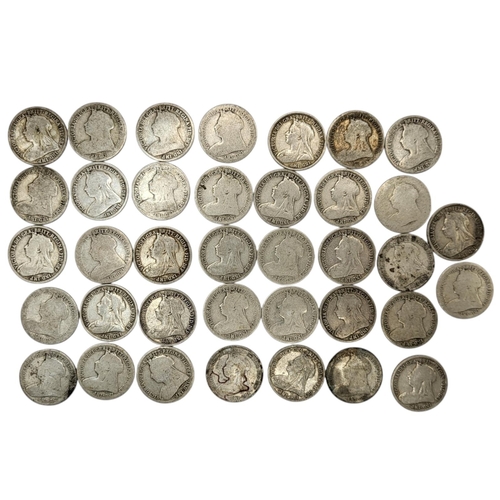 294 - THIRTY-SEVEN 19TH CENTURY VICTORIAN SILVER ONE SHILLINGS, RANGING FROM 1893 - 1899 3rd portrait, old... 