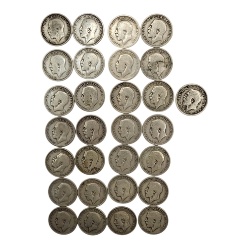 296 - TWENTY-NINE 20TH CENTURY GEORGE V SILVER ONE SHILLINGS, RANGING FROM 1911 - 1919
1st type, uncrowned... 