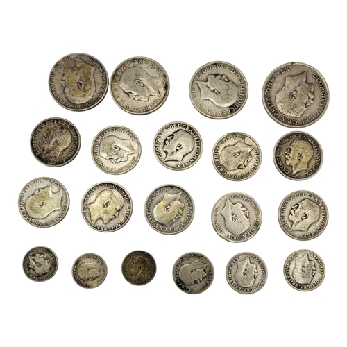 317 - A COLLECTION OF TWENTY GEORGE V SILVER COINS, PRE-1919
Comprising 1917 half-crown coin, three one fl... 