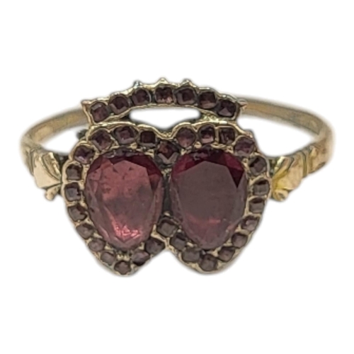 54 - GEORGIAN YELLOW METAL, GARNET & AMETHYST DOUBLE HEART RING (YELLOW METAL TESTED AS 9CT GOLD)
Having ... 