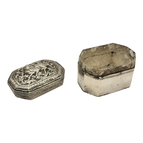 57 - A LATE 19TH/EARLY 20TH CENTURY BURMESE SILVER BETEL BOX
Rectangular form with chamfered corners, eng... 