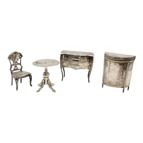 59 - S.J. ROSE & SON, THREE SILVER NOVELTY MINIATURE FURNITURE PIECES, COMPRISING DEMILUNE SIDE CABINET, ... 