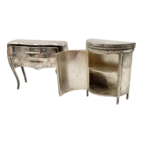 59 - S.J. ROSE & SON, THREE SILVER NOVELTY MINIATURE FURNITURE PIECES, COMPRISING DEMILUNE SIDE CABINET, ... 