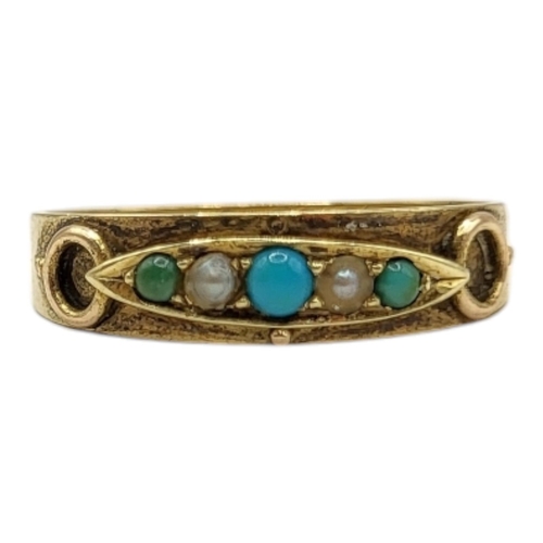 6 - A 19TH CENTURY VICTORIAN 15CT GOLD, TURQUOISE AND PEARL RING, HALLMARKED LONDON, 1875
Having three r... 