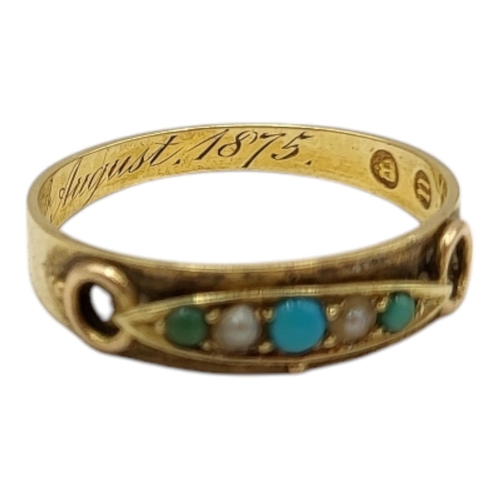 6 - A 19TH CENTURY VICTORIAN 15CT GOLD, TURQUOISE AND PEARL RING, HALLMARKED LONDON, 1875
Having three r... 