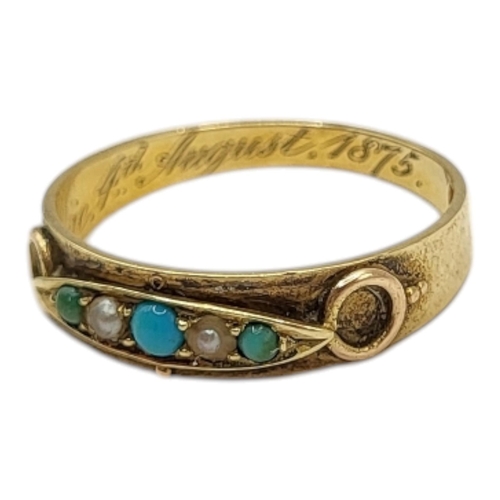 6 - A 19TH CENTURY VICTORIAN 15CT GOLD, TURQUOISE AND PEARL RING, HALLMARKED LONDON, 1875
Having three r... 