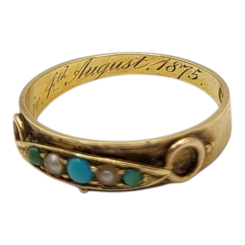 6 - A 19TH CENTURY VICTORIAN 15CT GOLD, TURQUOISE AND PEARL RING, HALLMARKED LONDON, 1875
Having three r... 