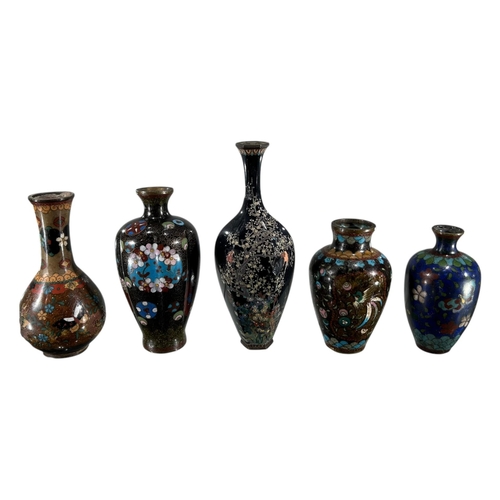 390 - A COLLECTION OF FIVE JAPANESE MEIJI PERIOD CLOISONNÉ ENAMEL VASES
All decorated with various blossom... 