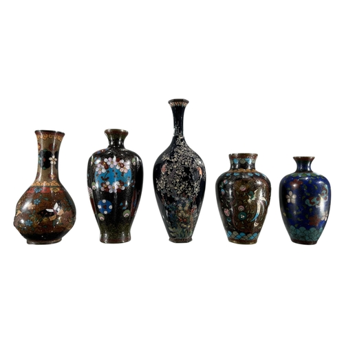 390 - A COLLECTION OF FIVE JAPANESE MEIJI PERIOD CLOISONNÉ ENAMEL VASES
All decorated with various blossom... 