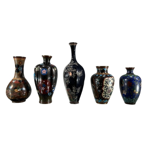 390 - A COLLECTION OF FIVE JAPANESE MEIJI PERIOD CLOISONNÉ ENAMEL VASES
All decorated with various blossom... 