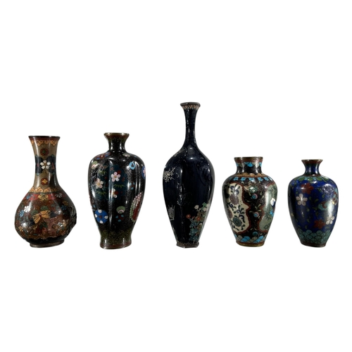 390 - A COLLECTION OF FIVE JAPANESE MEIJI PERIOD CLOISONNÉ ENAMEL VASES
All decorated with various blossom... 