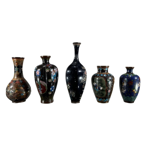 390 - A COLLECTION OF FIVE JAPANESE MEIJI PERIOD CLOISONNÉ ENAMEL VASES
All decorated with various blossom... 