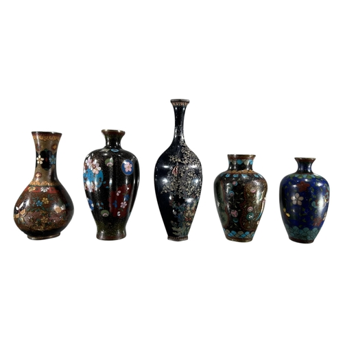 390 - A COLLECTION OF FIVE JAPANESE MEIJI PERIOD CLOISONNÉ ENAMEL VASES
All decorated with various blossom... 