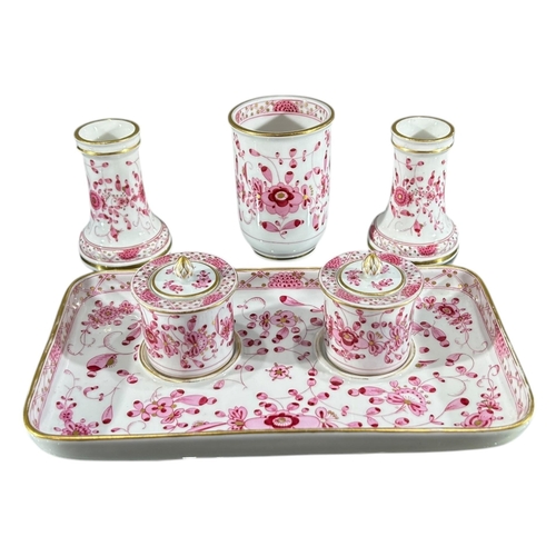 407 - A 19TH CENTURY MEISSEN PORCELAIN PINK INDIAN FLOWER PATTERN INKWELL, VASE AND PAIR OF CANDLESTICKS
A... 